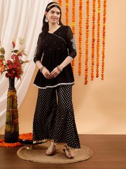 INDO STREET - Women Black Embroidered Lace Work Kurti with Palazzo