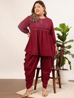INDO STREET - Women Maroon Embroidered Sequined Work Kurti with Dhoti