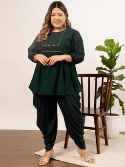 INDO STREET - Women Green Embroidered Sequined Work Kurti with Dhoti