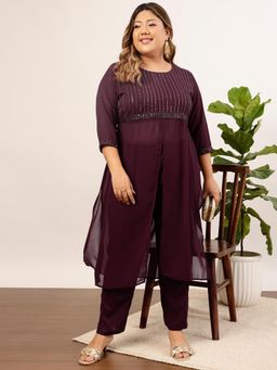 INDO STREET - Women Burgundy Embroidered Sequined Work Kurta with Pant