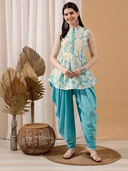 INDO STREET - Women Turquoise Floral Printed Kurti with Dhoti