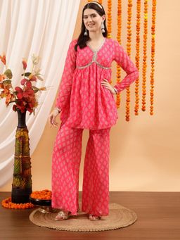 INDO STREET - Women Pink Printed Lace Work Co-Ord Set