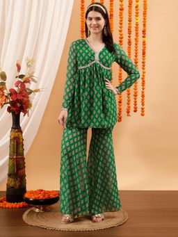 INDO STREET - Women Green Printed Lace Work Co-Ord Set