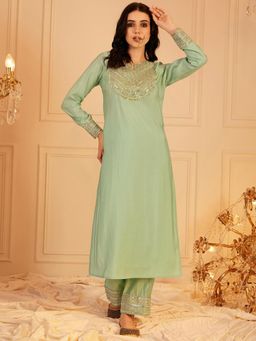 INDO STREET - Women Green Embroidered Mirror Work Kurta with Pant