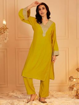 INDO STREET - Women Yellow Embroidered Sequined Work Kurta with Pant