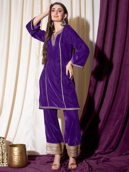 INDO STREET - Women Purple Embroidered Zari Kurta with Pant
