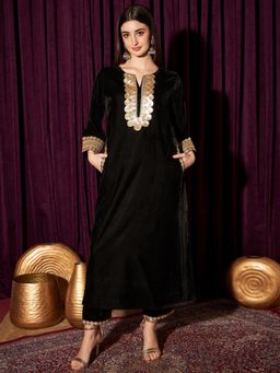 INDO STREET - Women Black Embroidered Sequined Work Kurta with Pant