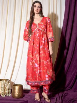 INDO STREET - Women Red Floral Printed Kurta with Pant
