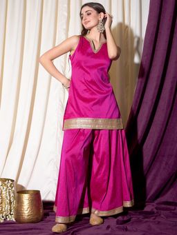 INDO STREET - Women Pink Printed Embroidered Kurti with Palazzo