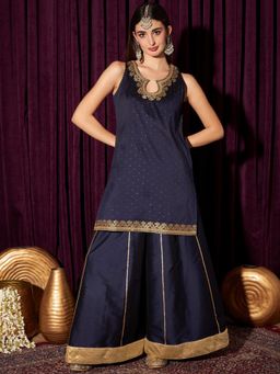 INDO STREET - Women Navy Blue Embroidered Gota Kurti with Palazzo