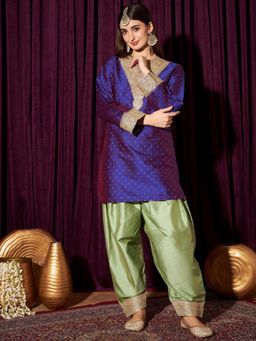 INDO STREET - Women Navy Blue Embroidered Sequined Work Kurti with Salwar