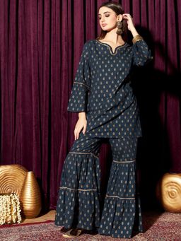 INDO STREET - Women Navy Blue Printed Lace Work Kurti with Sharara