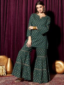 INDO STREET - Women Green Printed Lace Work Kurti with Sharara