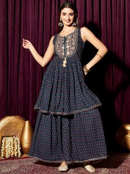 INDO STREET - Women Navy Blue Printed Embroidered Kurti with Sharara