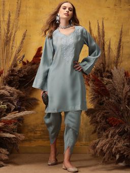 INDO STREET - Women Grey Embroidered Sequined Work Kurta with Dhoti