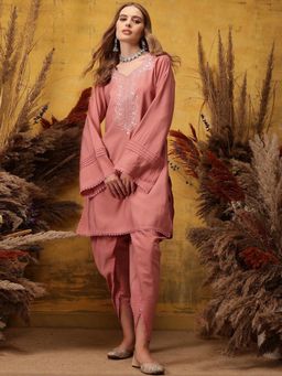 INDO STREET - Women Peach Embroidered Sequined Work Kurta with Dhoti