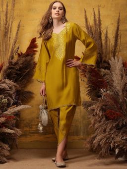 INDO STREET - Women Mustard Embroidered Sequined Work Kurta with Dhoti