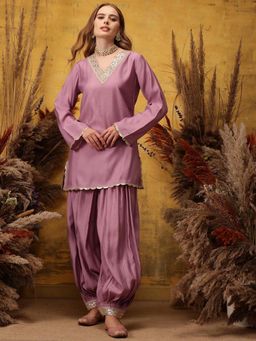 INDO STREET - Women Lavender Solid Lace Work Kurti with Salwar