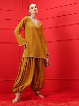 INDO STREET - Women Mustard Solid Lace Work Kurti with Salwar