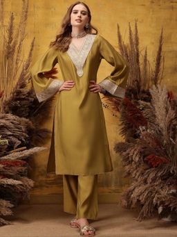 INDO STREET - Women Olive Embroidered Sequined Work Kurta with Pant