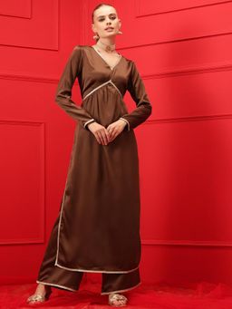 INDO STREET - Women Brown Solid Lace Work Kurta with Palazzo