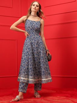 INDO STREET - Women Navy Blue Floral Printed Anarkali Kurta with Pant