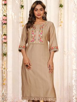 ARAMYA - Women Beige Floral Embroidered Kurta