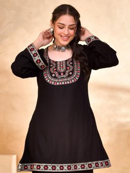 ARAMYA - Women Black Embroidered Mirror Work Kurti