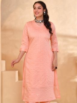 ARAMYA - Women Peach Embroidered Sequined Work Kurta