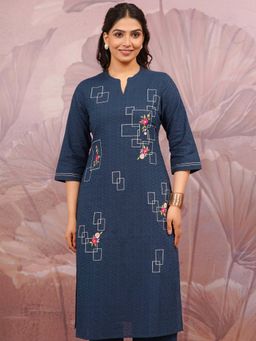 ARAMYA - Women Navy Blue Floral Embroidered Kurta