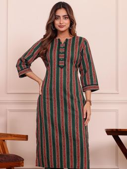 ARAMYA - Women Green Printed Lace Work Kurta