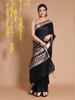 CHARUKRITI - Black Silk Handwoven Temple Borders & Ethnic Patterns Saree with Unstitched Blouse