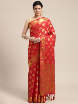 Mimosa - Women's Kanjivaram Crepe Red Saree with Unstitched Blouse