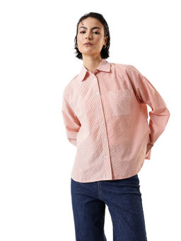 Hubberholme - Women Red Stripes Oversized Spread Collar Full Sleeves Shirt