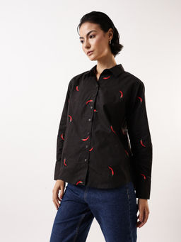 Hubberholme - Women Black Embroidered Oversized Spread Collar Full Sleeves Shirt