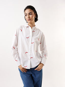 Hubberholme - Women White Embroidered Oversized Spread Collar Full Sleeves Shirt