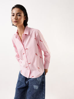 Hubberholme - Women Pink Embroidered Oversized Spread Collar Full Sleeves Shirt