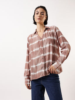 High Star - Women Brown Tie & Dye Oversized Spread Collar Regular Sleeves Shirt