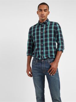 Levi's - Men's Navy Blue Checkered Spread Collar Shirt