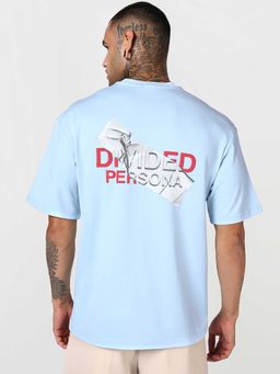 Bewakoof - Nantucket Breeze Blue Divided Typography Oversized T-Shirt