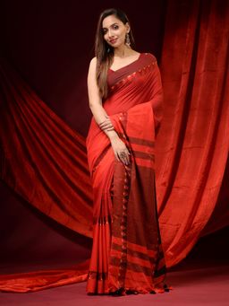 CHARUKRITI - Maroon and Red Pure Cotton Handwoven Temple Borders Saree with Unstitched Blouse