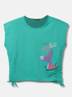 United Colors of Benetton - Regular Fit Round Neck Sequincing T-Shirt- Green