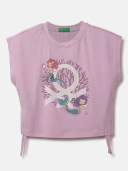 United Colors of Benetton - Regular Fit Round Neck Sequin & Drawstring T-Shirt- Purple