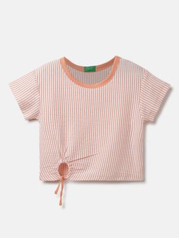 United Colors of Benetton - Regular Fit Round Neck Striped & Tie- Up T-Shirt - White