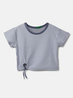 United Colors of Benetton - Regular Fit Round Neck Striped & Tie- Up T-Shirt - White