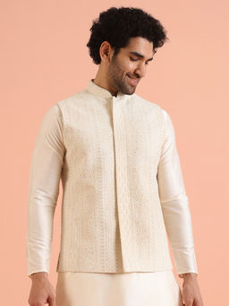 KISAH - Men Off White Embroidered Chikankari Nehru Jacket