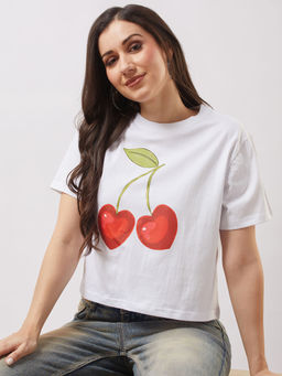 Globus - Women White Round Neck Short Sleeves Cherry Print Oversized T-shirt