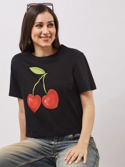 Globus - Women Black Round Neck Short Sleeves Cherry Print Oversized T-shirt