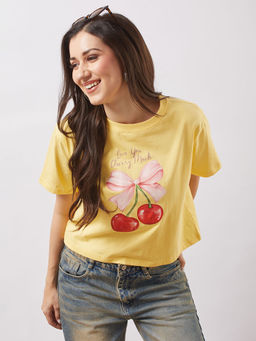 Globus - Women Yellow Round Neck Short Sleeves Cherry Print Oversized T-shirt
