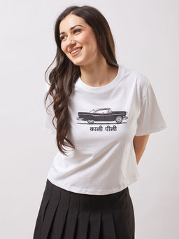 Globus - Women White Round Neck Short Sleeves Printed Oversized T-shirt